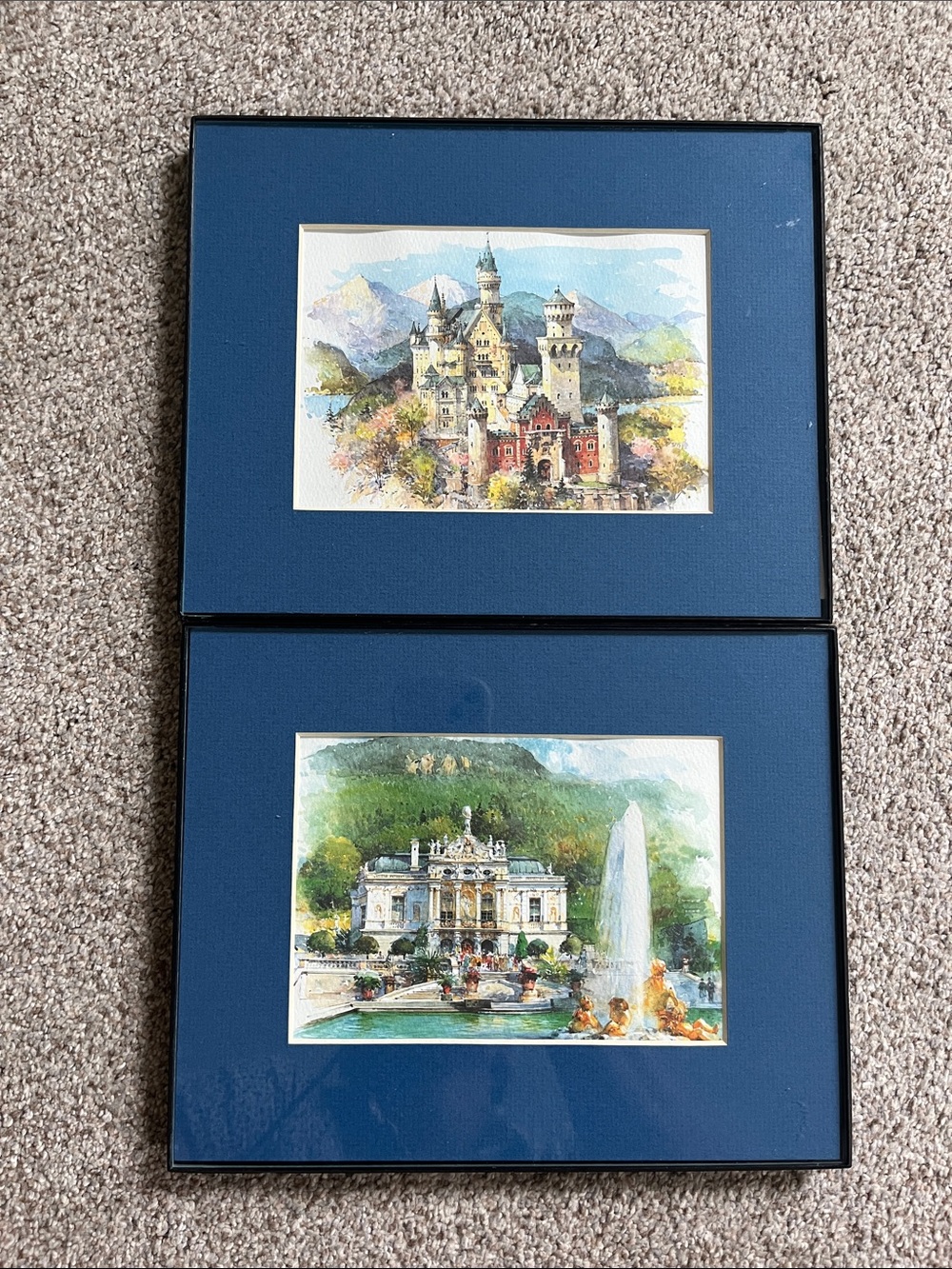 Set of Two Blue-Matted Watercolor Castle & Fountain Prints